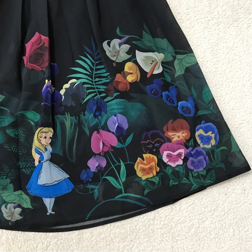 Disney Black Floral Alice in Wonderland A-Line Skirt - Picture 4 of 14